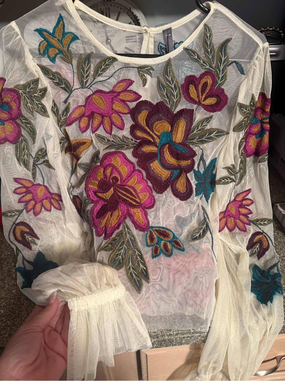 ANTHROPOLOGIE- Embroidered Floral Sheer Blouse in Cream with Pink & Teal Accents - Picture 5 of 5